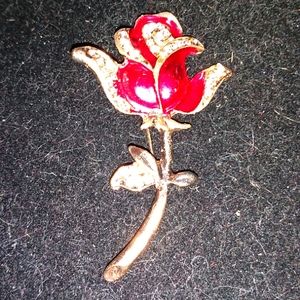 Pink and White Crystal Enamel Rose Brooch